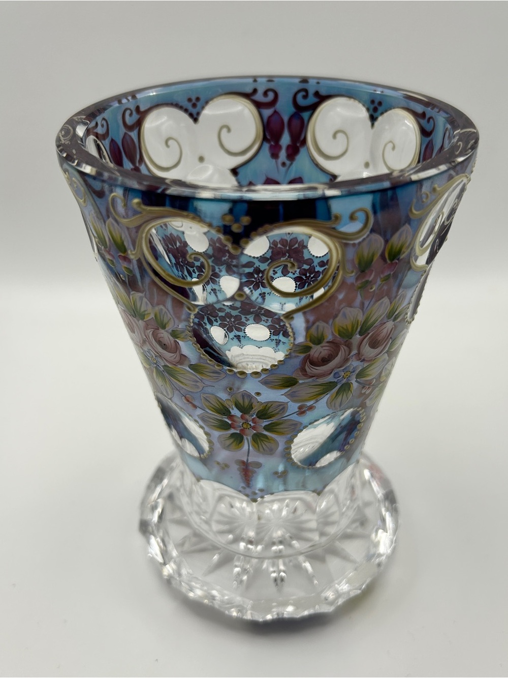 Antique Bohemian Glass Vase Enamel Painted Flowers 5.5" Tall